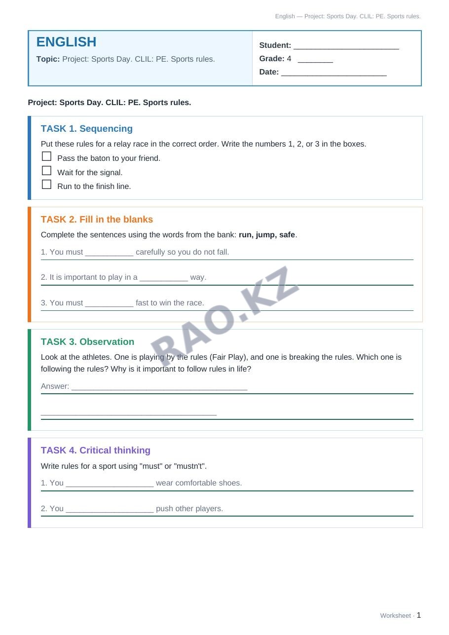 Worksheet English Grade 4 Term 2: Project: Sports Day. CLIL: PE. Sports rules.