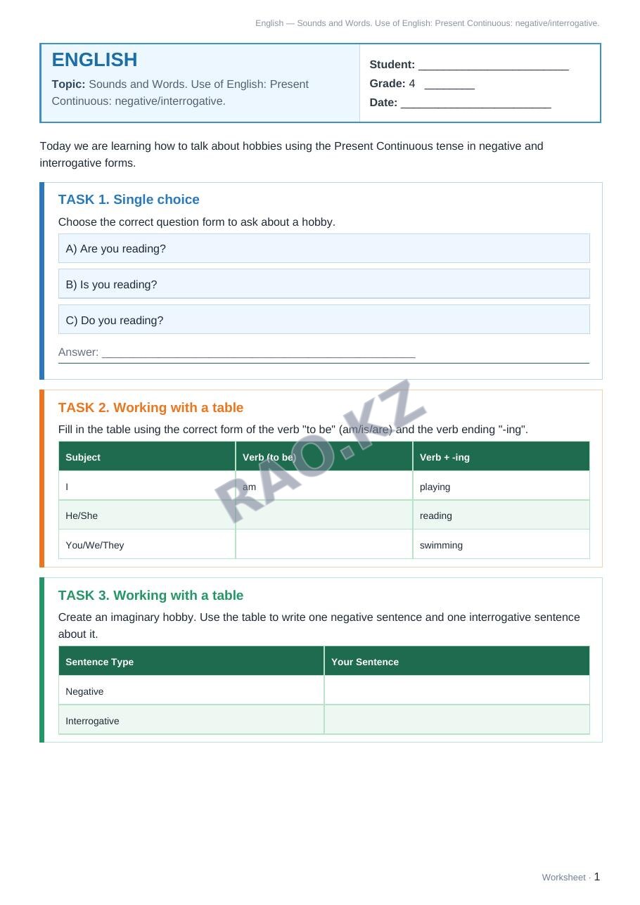 Worksheet English Grade 4 Term 2: Sounds and Words. Use of English: Present Continuous: negative/interrogative.