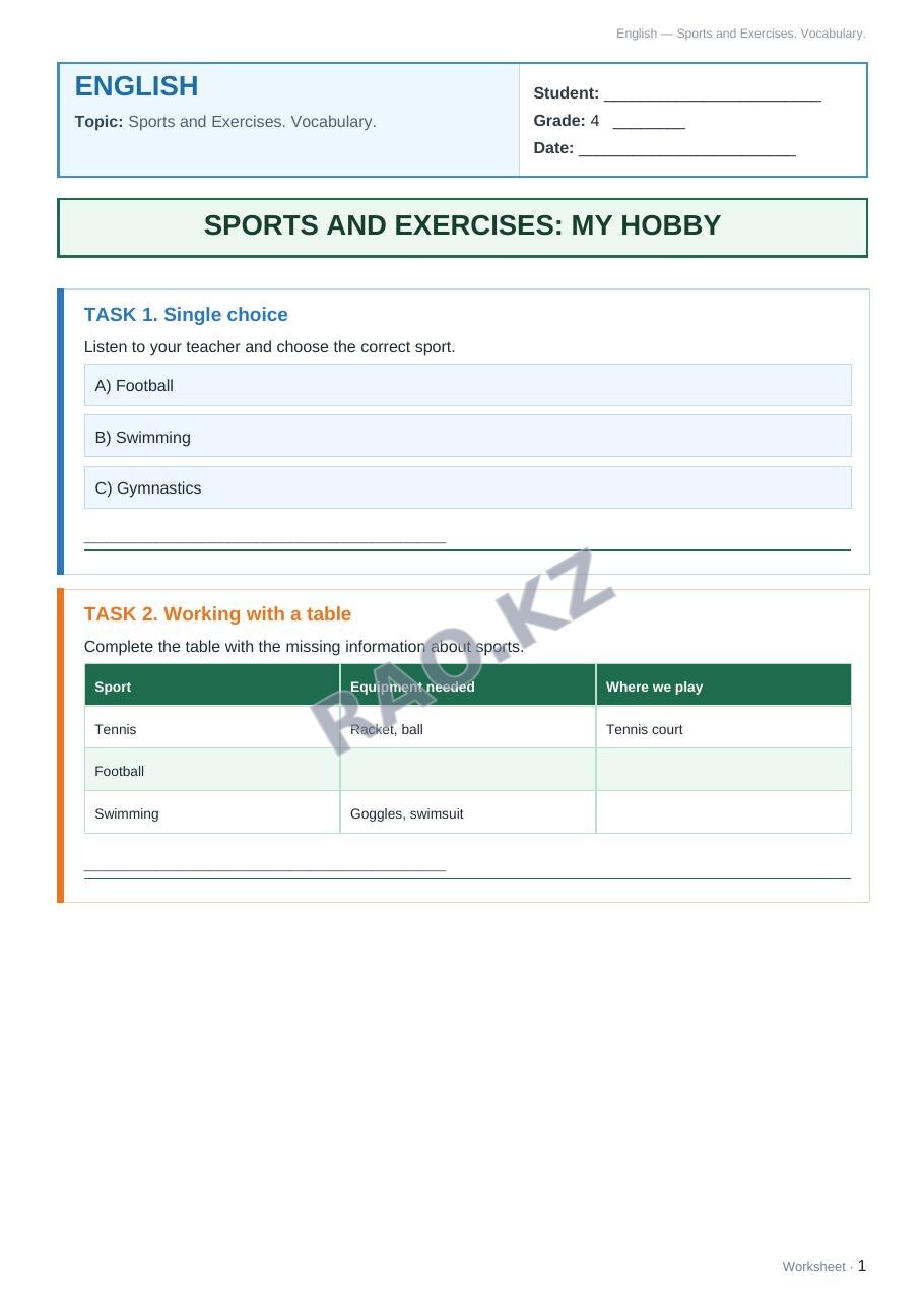 Worksheet English Grade 4 Term 2: Sports and Exercises. Vocabulary.