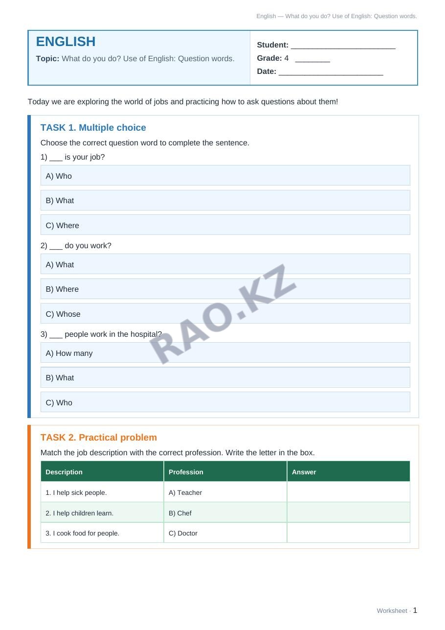 Worksheet English Grade 4 Term 2: What do you do? Use of English: Question words.