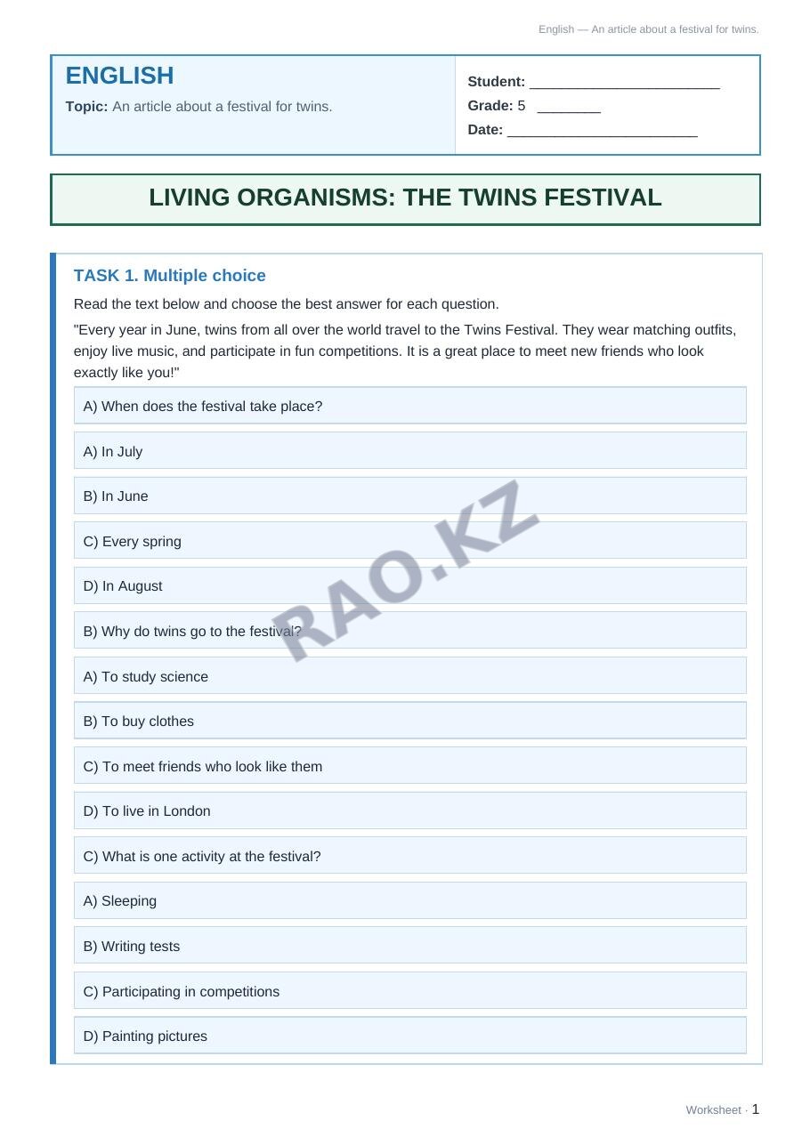 Worksheet English Grade 5 Term 1: An article about a festival for twins.