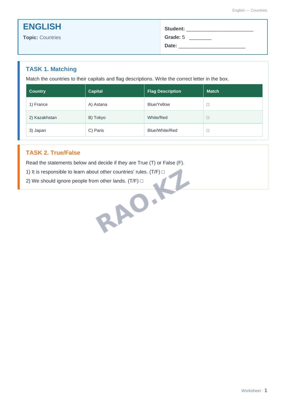 Worksheet English Grade 5 Term 1: Countries
