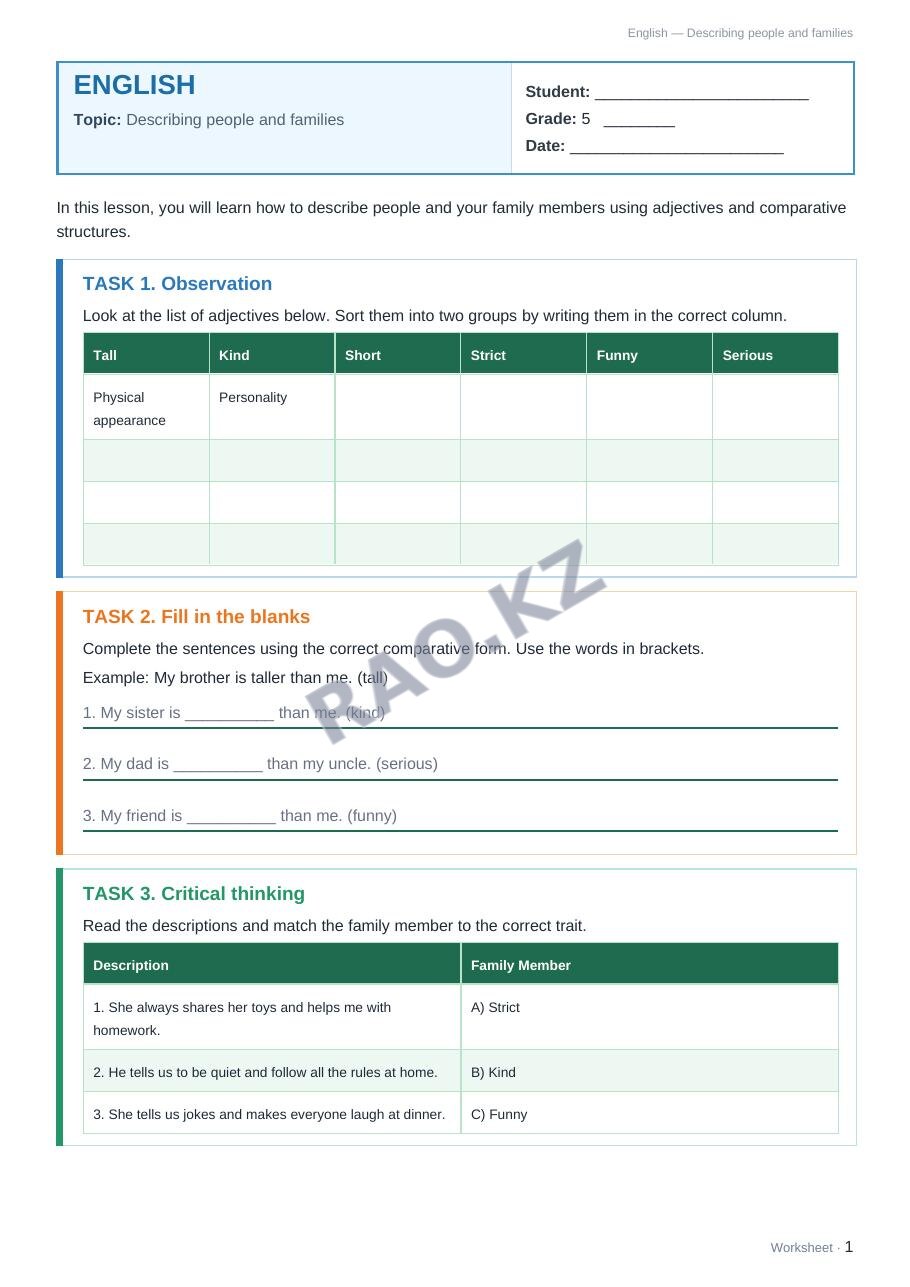 Worksheet English Grade 5 Term 1: Describing people and families