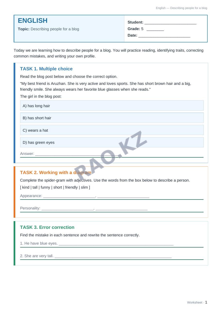 Worksheet English Grade 5 Term 1: Describing people for a blog