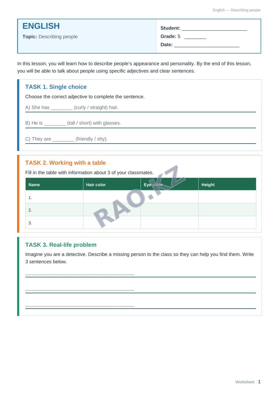 Worksheet English Grade 5 Term 1: Describing people