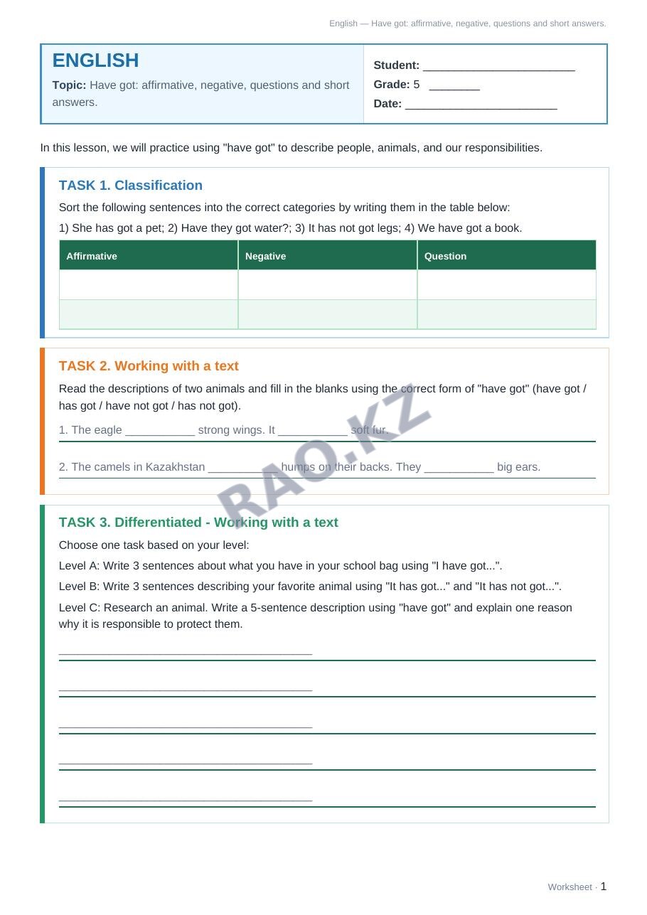 Worksheet English Grade 5 Term 1: Have got: affirmative, negative, questions and short answers.
