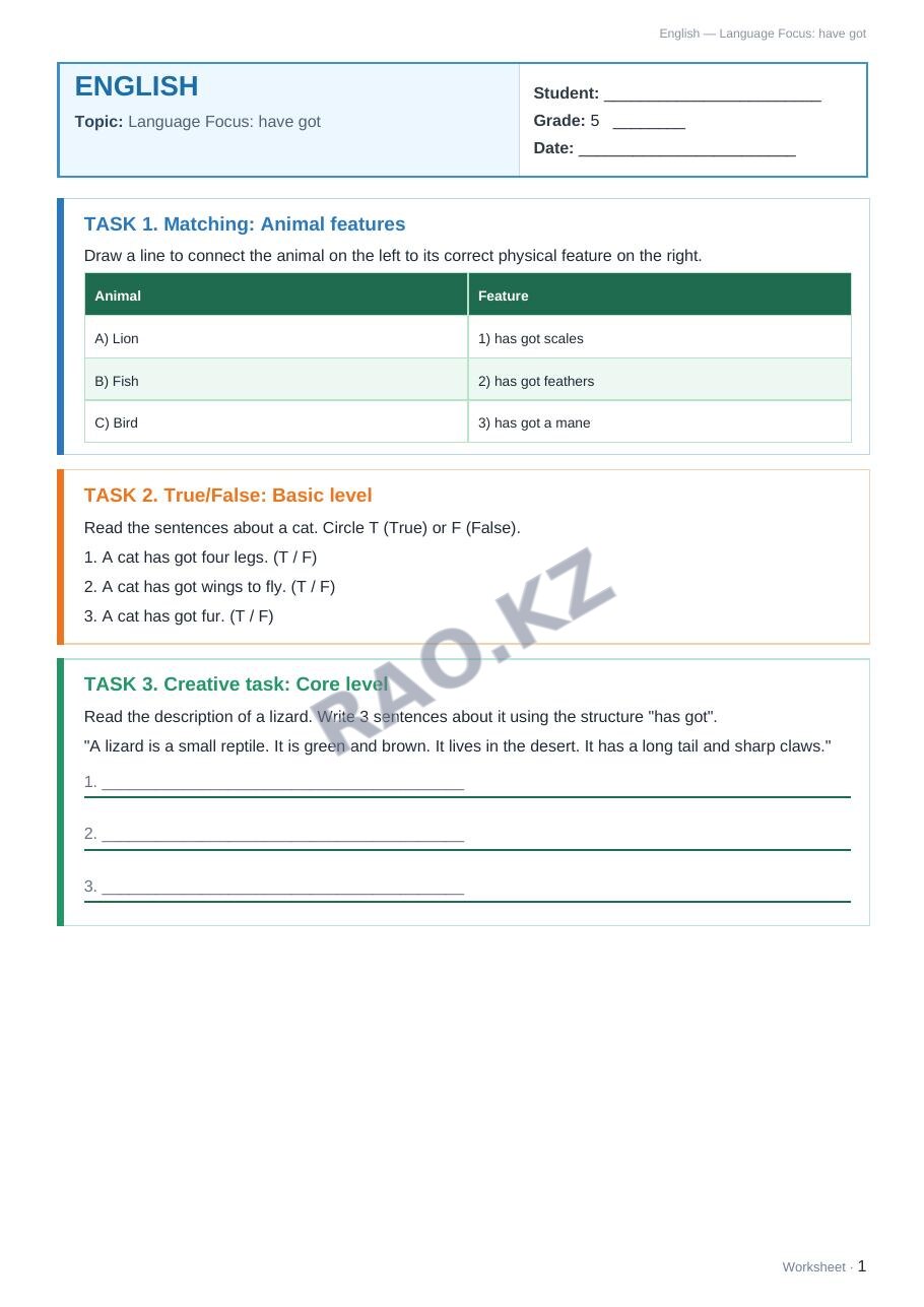 Worksheet English Grade 5 Term 1: Language Focus: have got