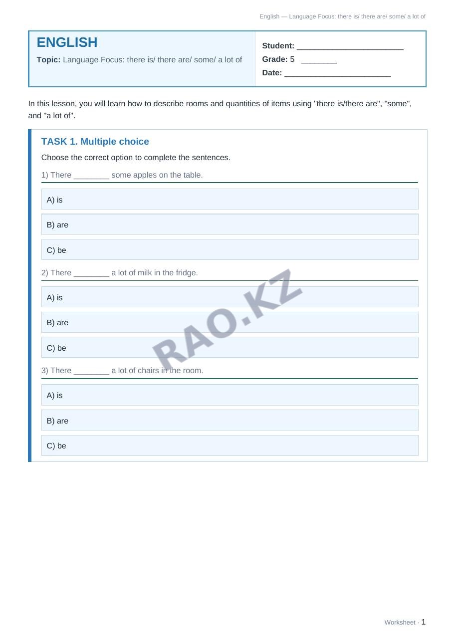 Worksheet English Grade 5 Term 1: Language Focus: there is/ there are/ some/ a lot of