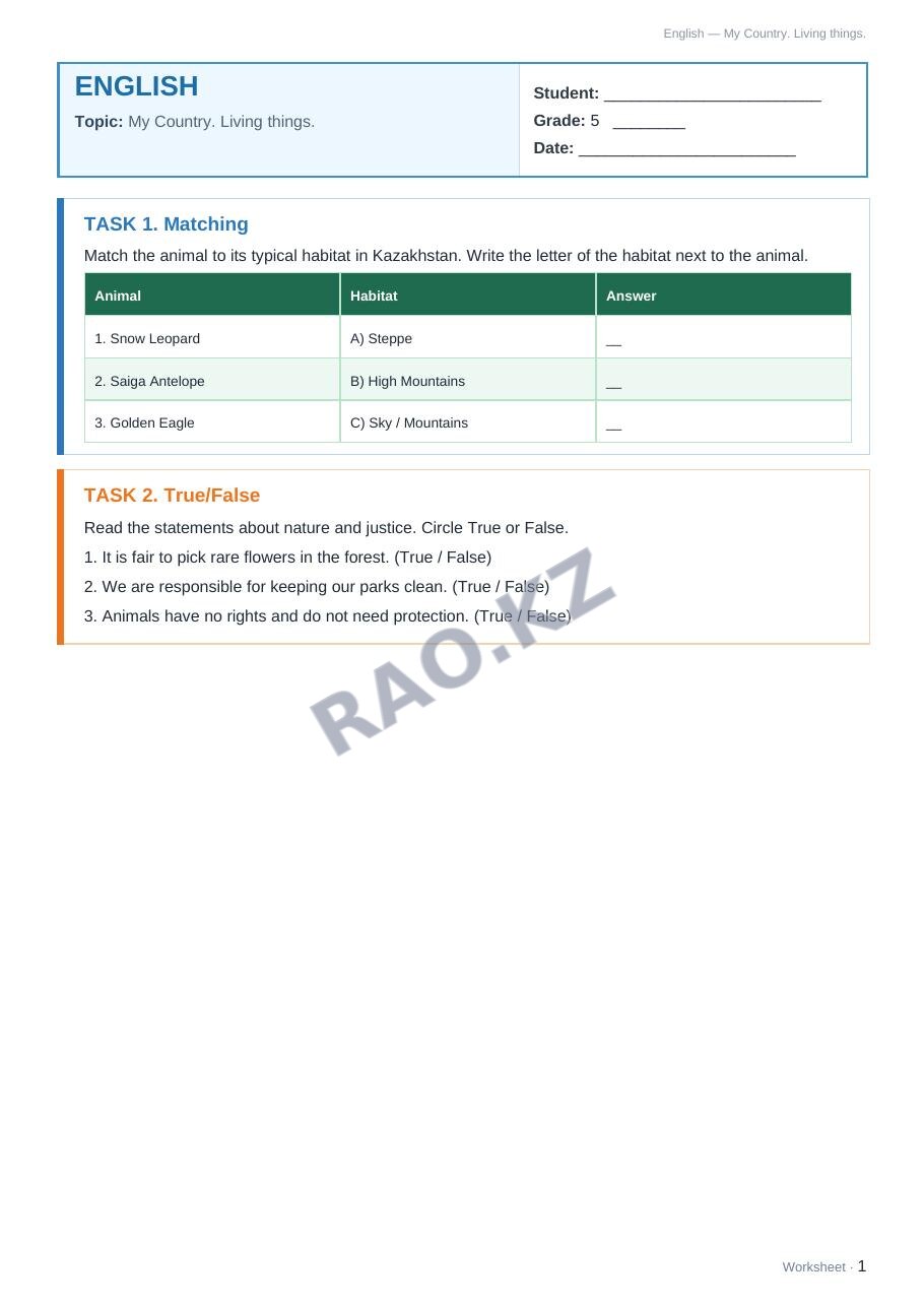 Worksheet English Grade 5 Term 1: My Country. Living things.