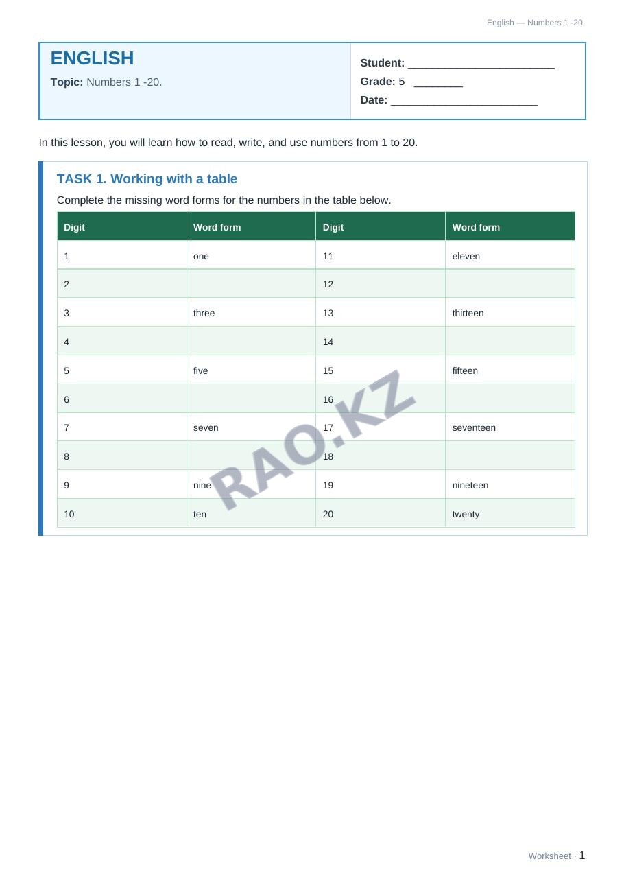 Worksheet English Grade 5 Term 1: Numbers 1 -20.