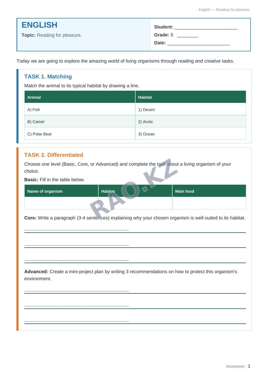 Worksheet English Grade 5 Term 1: Reading for pleasure.