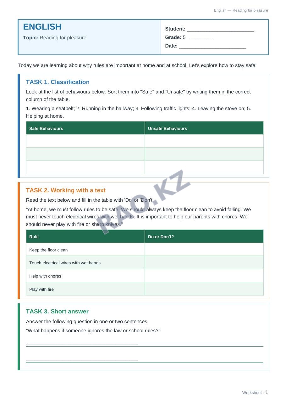 Worksheet English Grade 5 Term 1: Reading for pleasure