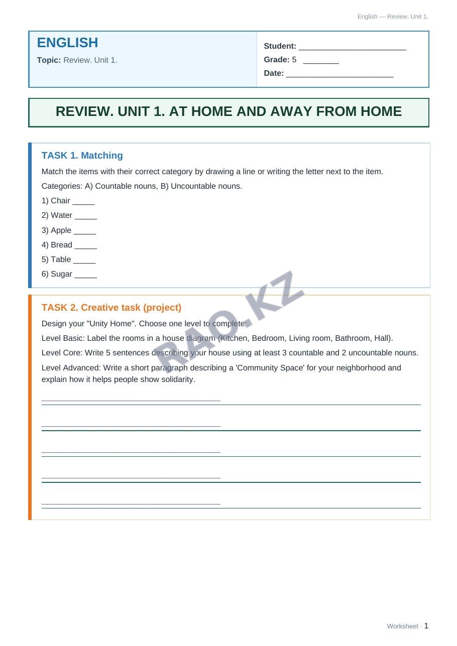 Worksheet English Grade 5 Term 1: Review. Unit 1.