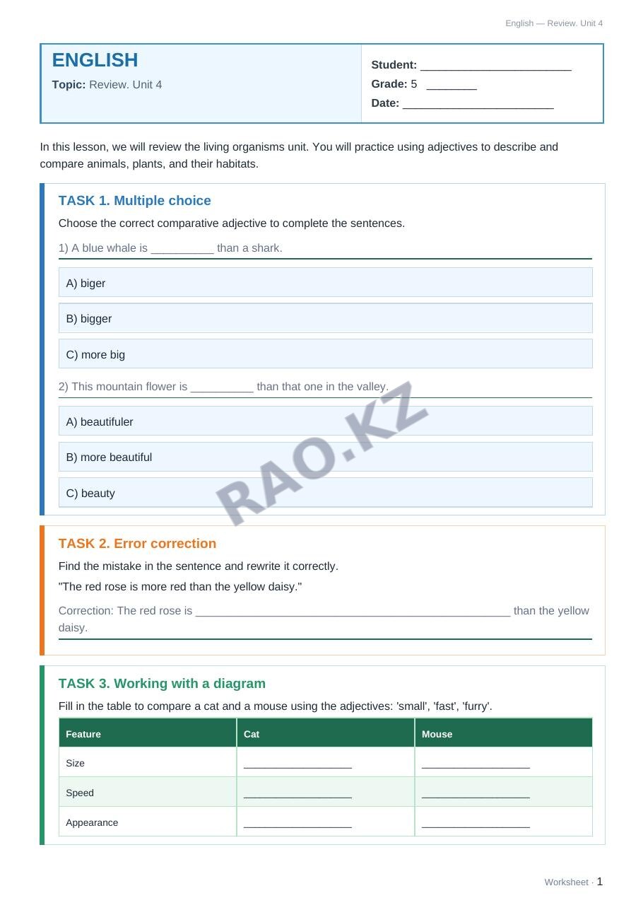 Worksheet English Grade 5 Term 1: Review. Unit 4