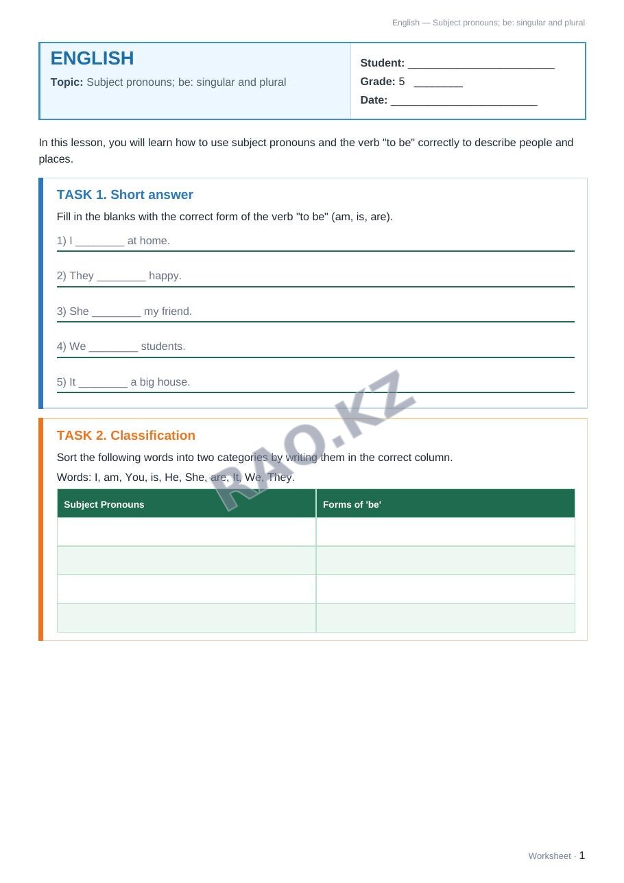 Worksheet English Grade 5 Term 1: Subject pronouns; be: singular and plural (lesson 3)