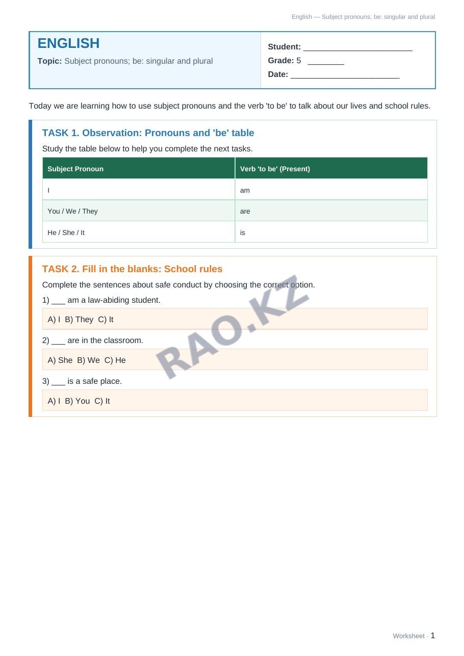 Worksheet English Grade 5 Term 1: Subject pronouns; be: singular and plural