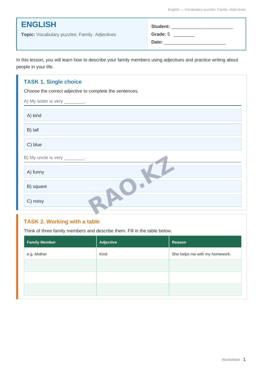 Worksheet English Grade 5 Term 1: Vocabulary puzzles: Family. Adjectives
