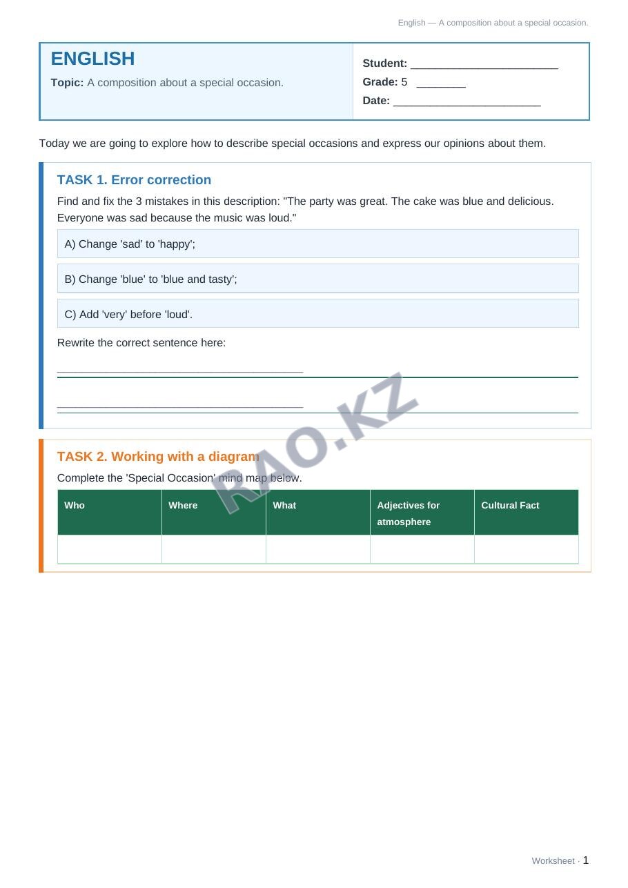 Worksheet English Grade 5 Term 2: A composition about a special occasion.