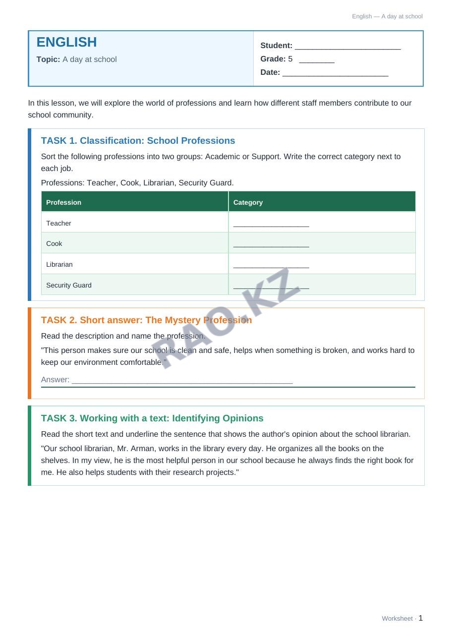 Worksheet English Grade 5 Term 2: A day at school