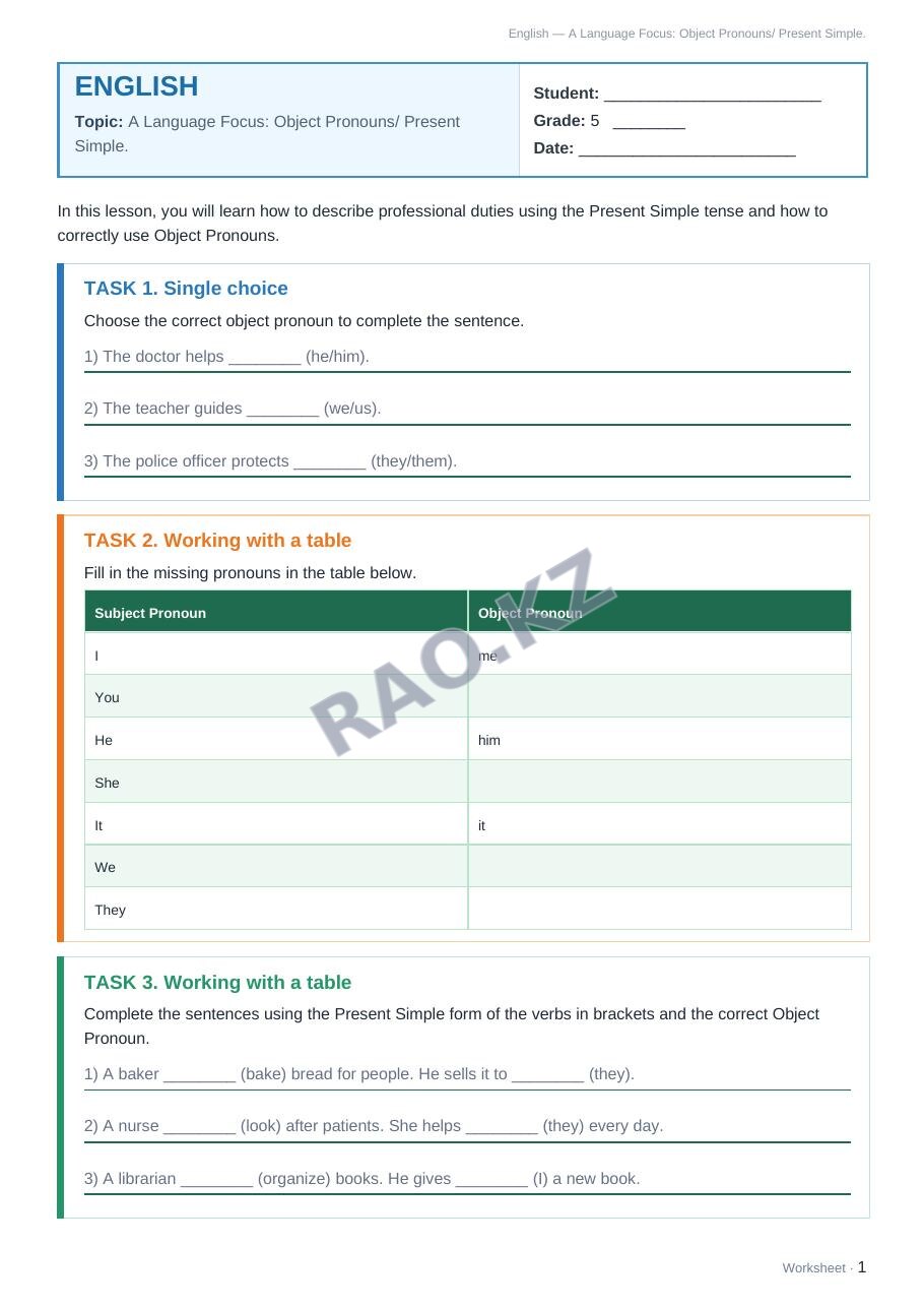 Worksheet English Grade 5 Term 2: A Language Focus: Object Pronouns/ Present Simple.