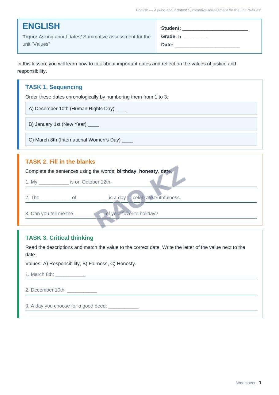 Worksheet English Grade 5 Term 2: Asking about dates/ Summative assessment for the unit ”Values”
