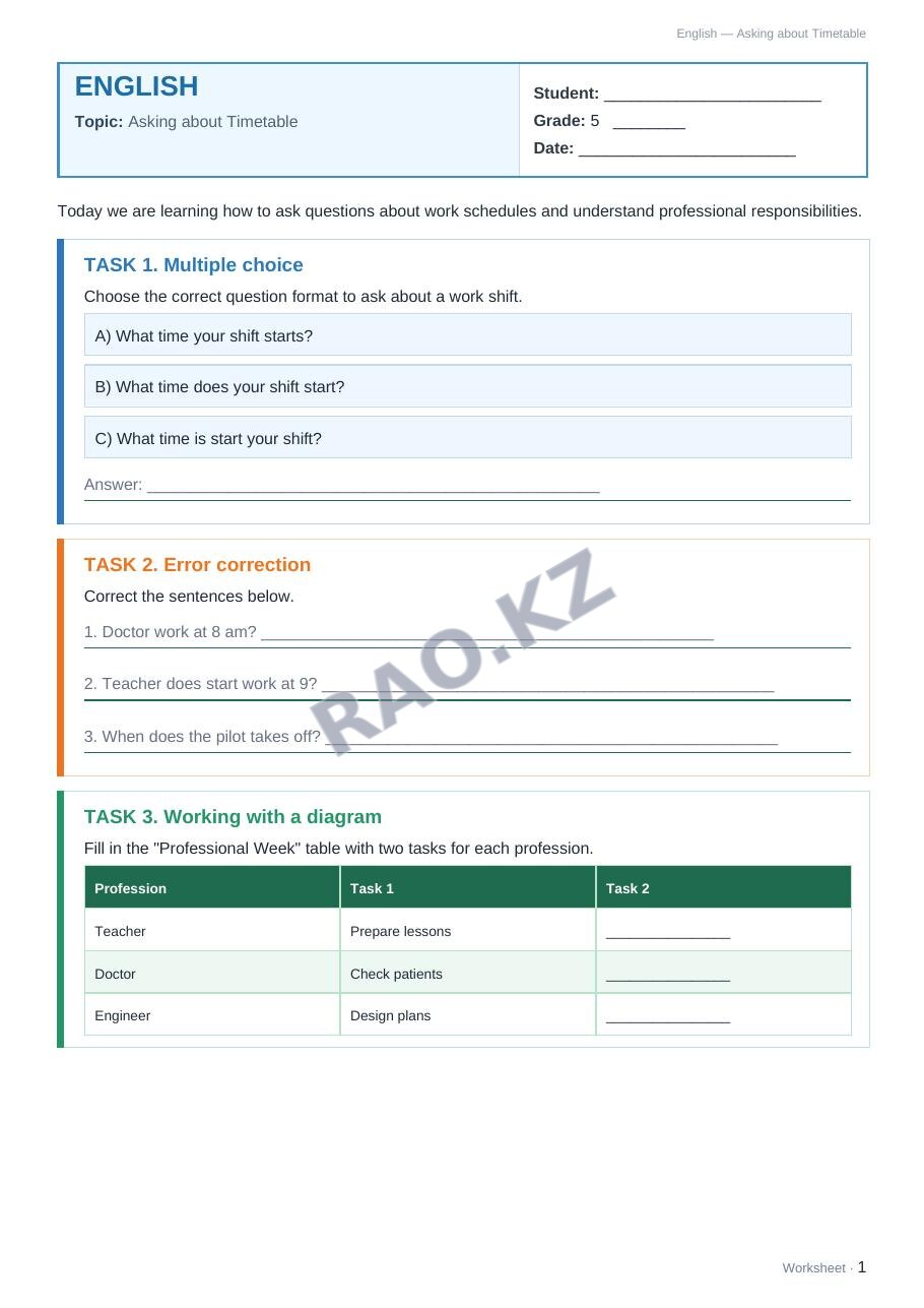 Worksheet English Grade 5 Term 2: Asking about Timetable