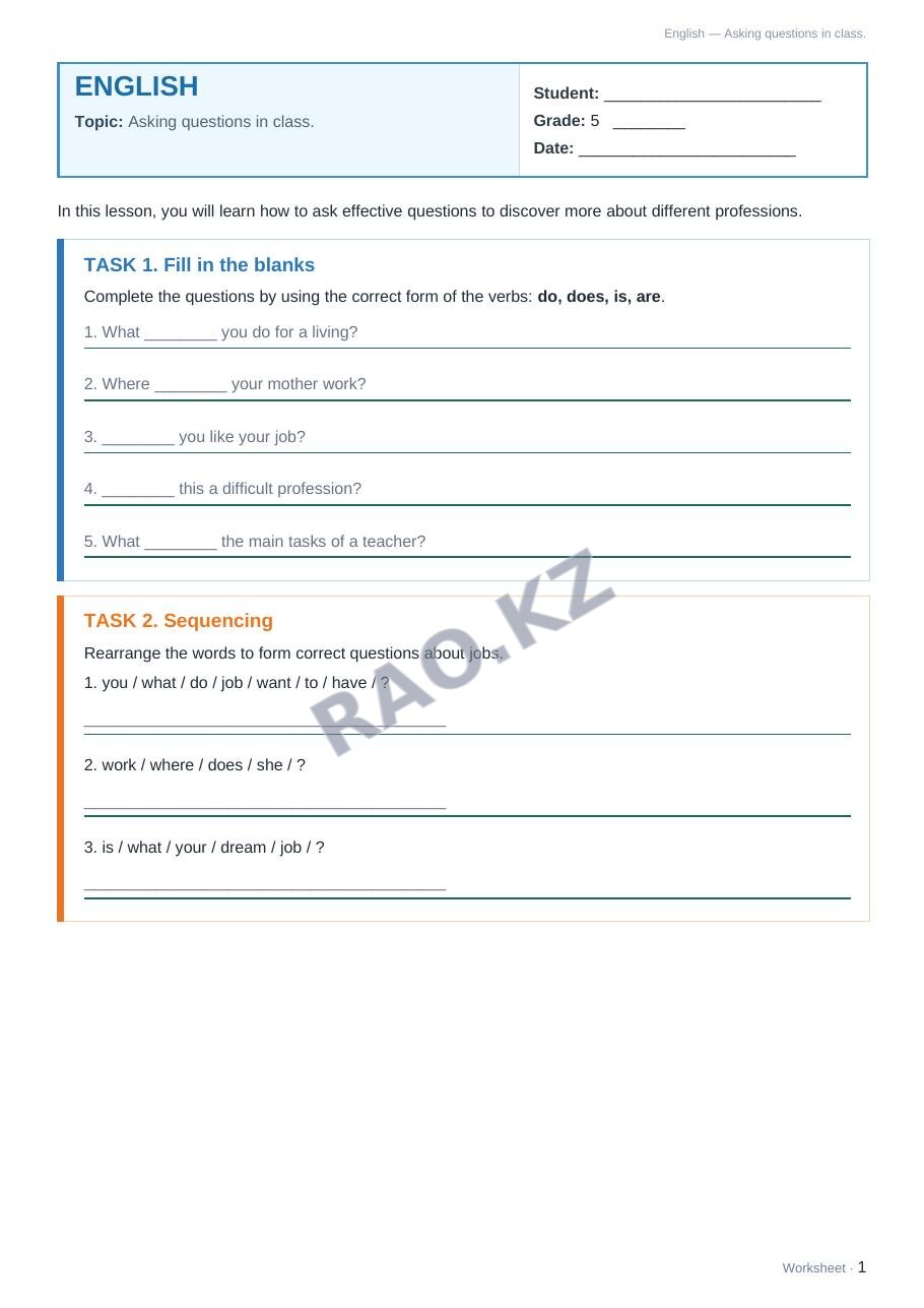 Worksheet English Grade 5 Term 2: Asking questions in class.