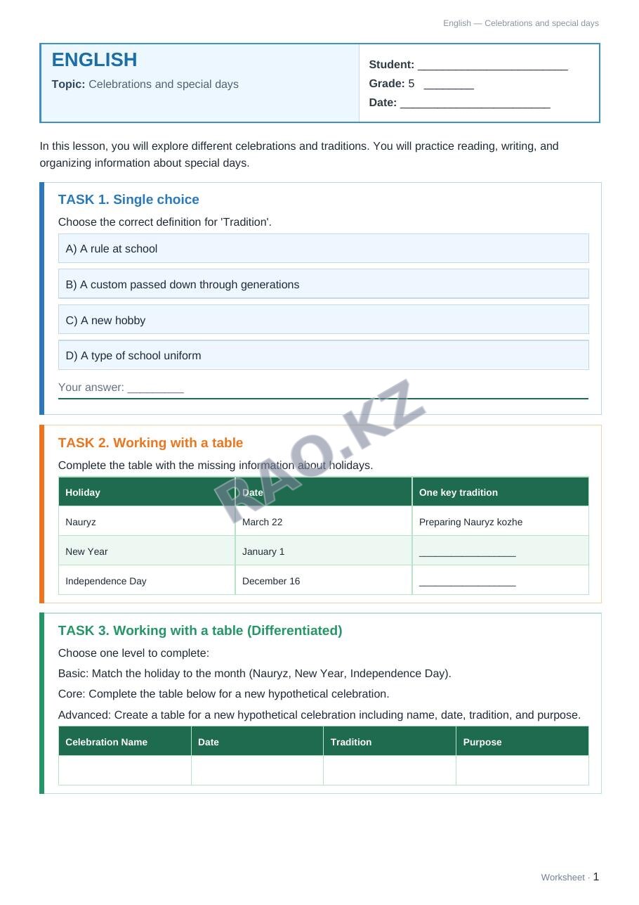 Worksheet English Grade 5 Term 2: Celebrations and special days (lesson 3)