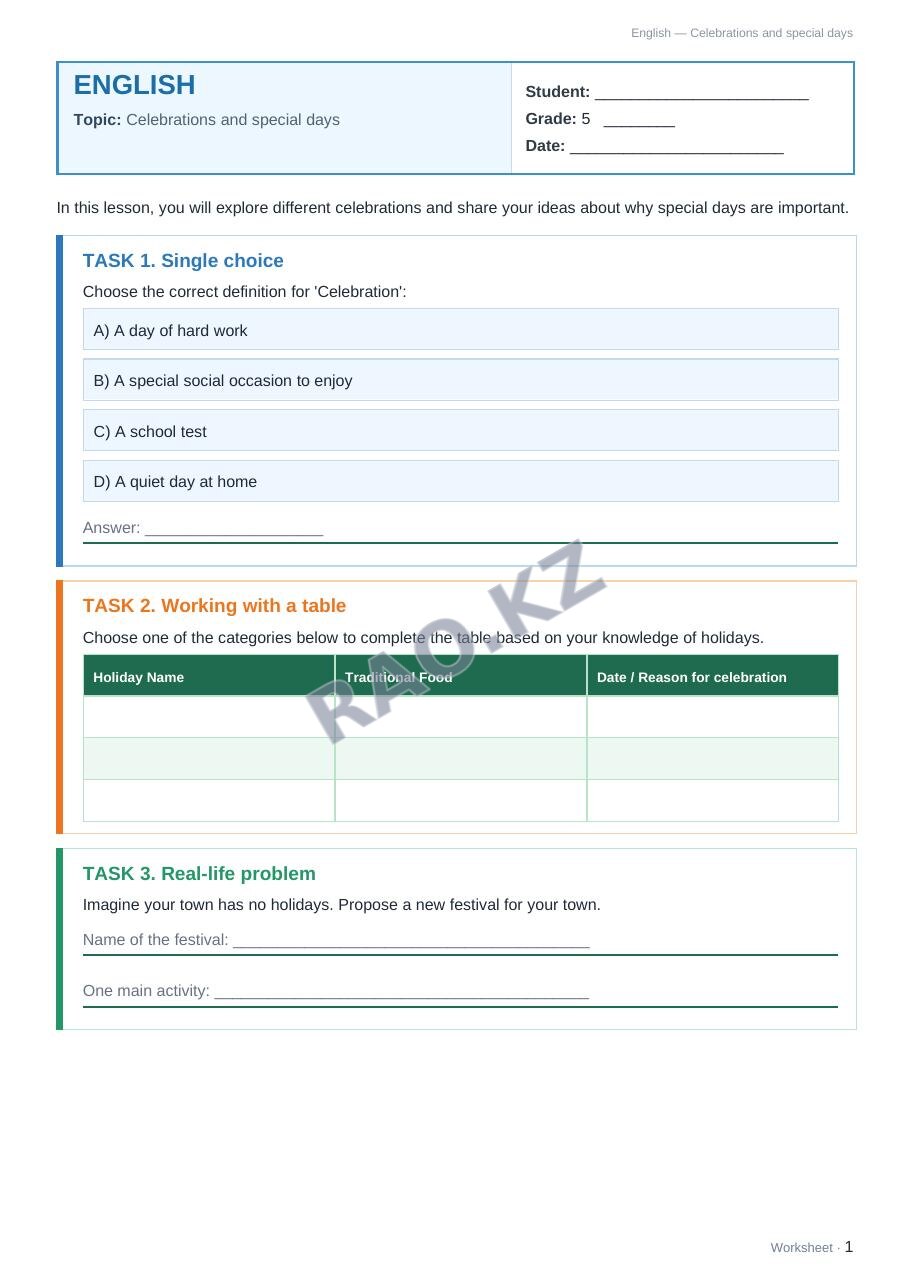 Worksheet English Grade 5 Term 2: Celebrations and special days