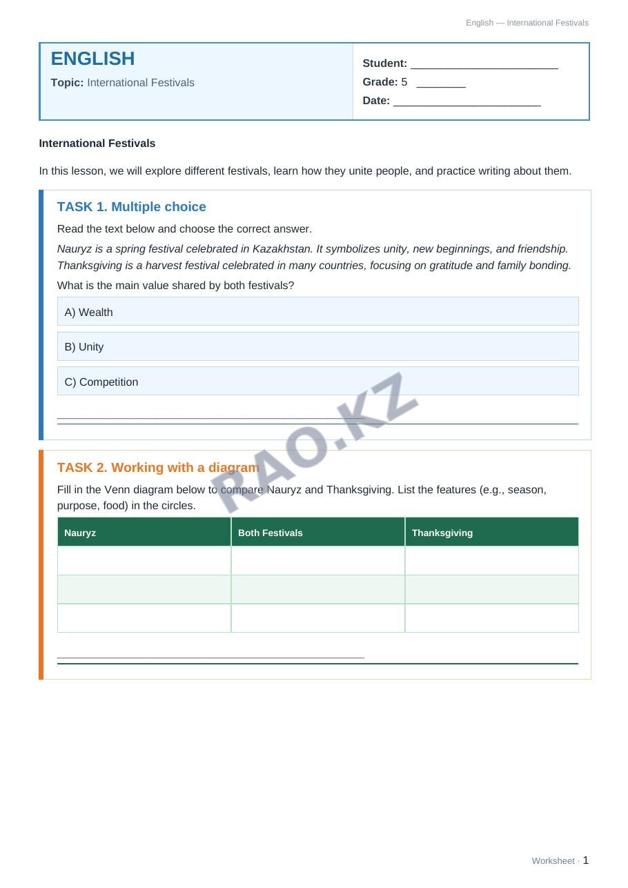 Worksheet English Grade 5 Term 2: International Festivals