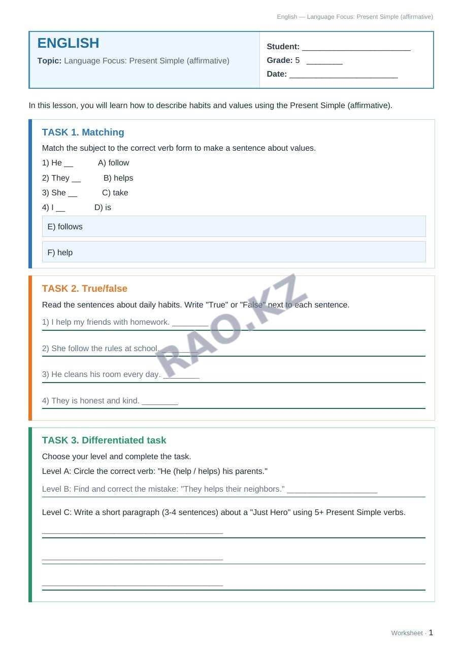 Worksheet English Grade 5 Term 2: Language Focus: Present Simple (affirmative)
