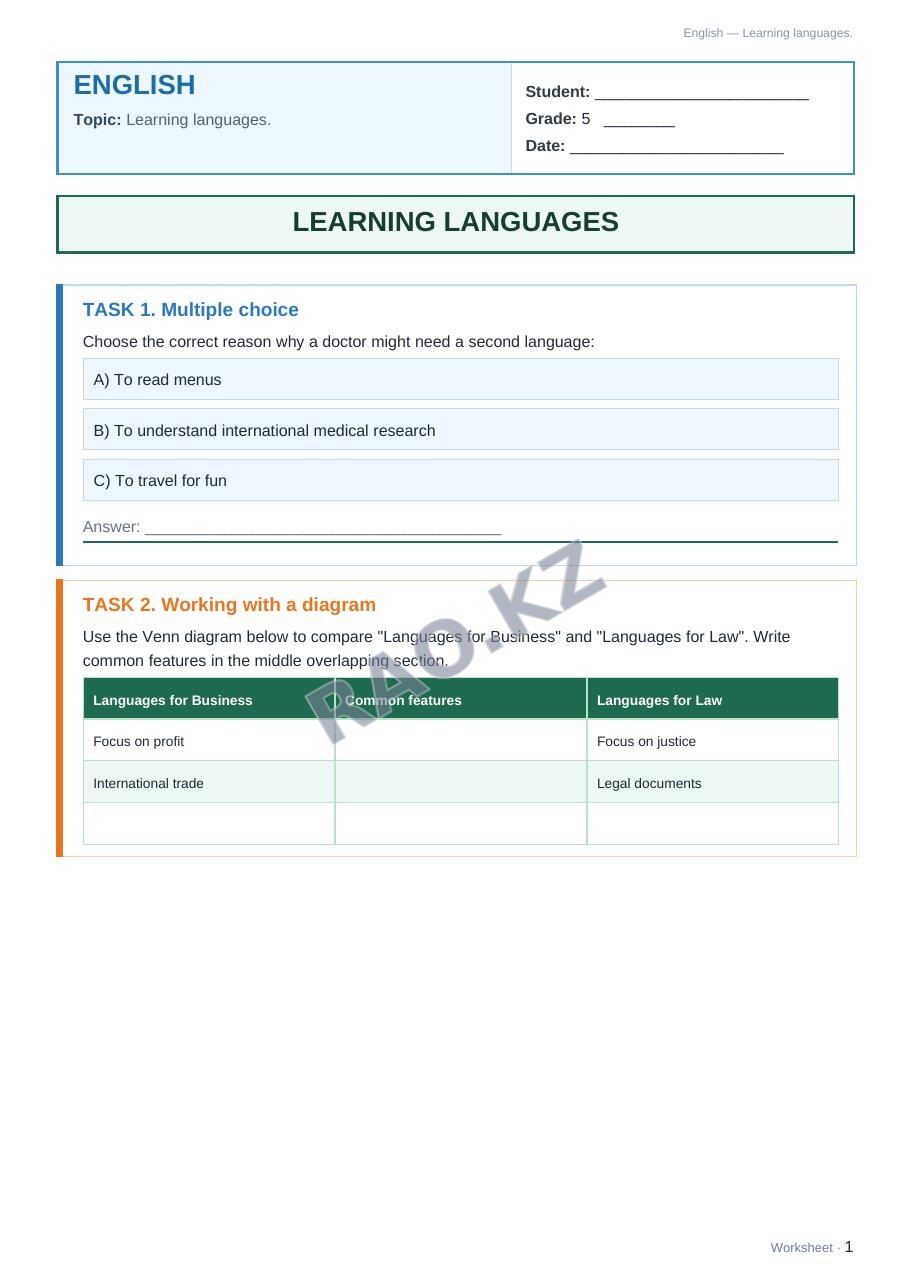 Worksheet English Grade 5 Term 2: Learning languages.