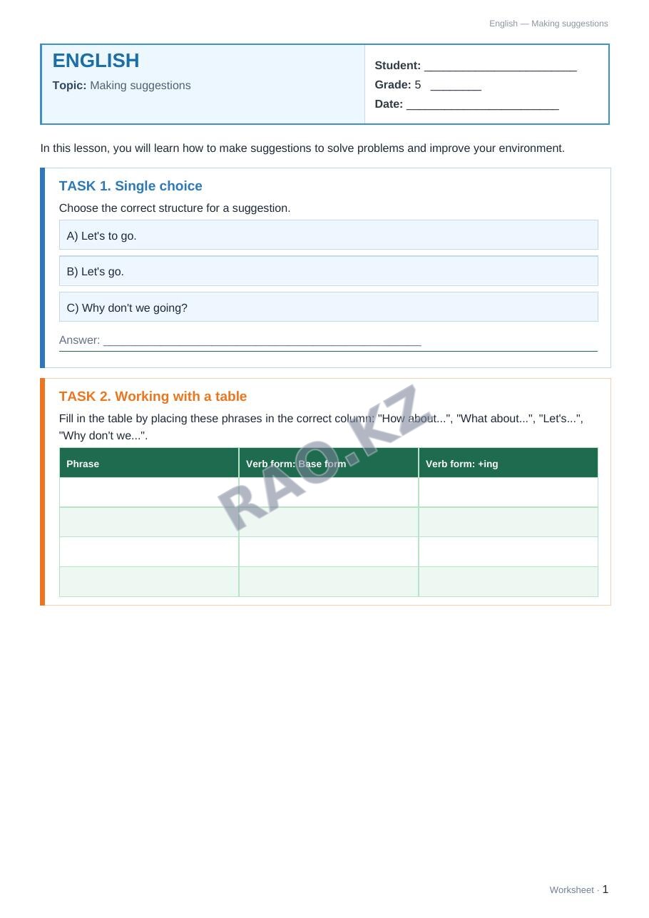 Worksheet English Grade 5 Term 2: Making suggestions