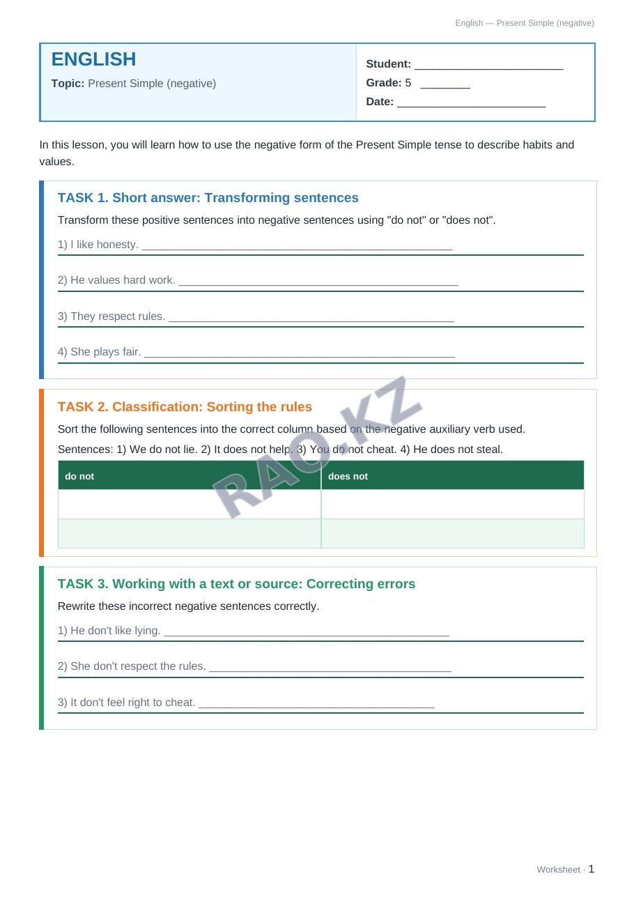 Worksheet English Grade 5 Term 2: Present Simple (negative)