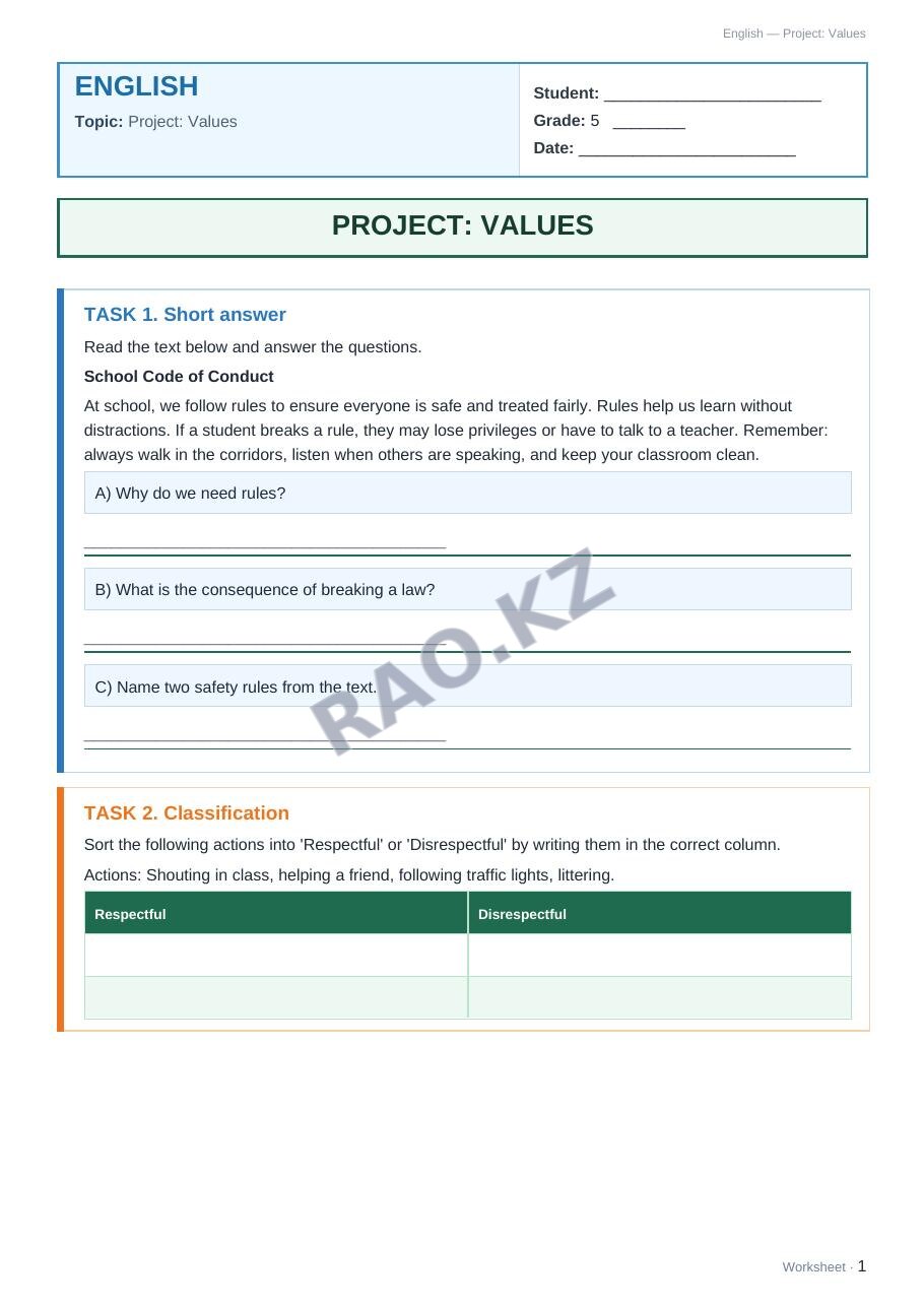 Worksheet English Grade 5 Term 2: Project: Values