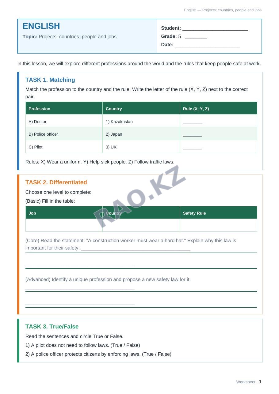 Worksheet English Grade 5 Term 2: Projects: countries, people and jobs