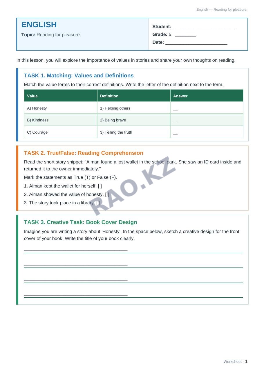 Worksheet English Grade 5 Term 2: Reading for pleasure.