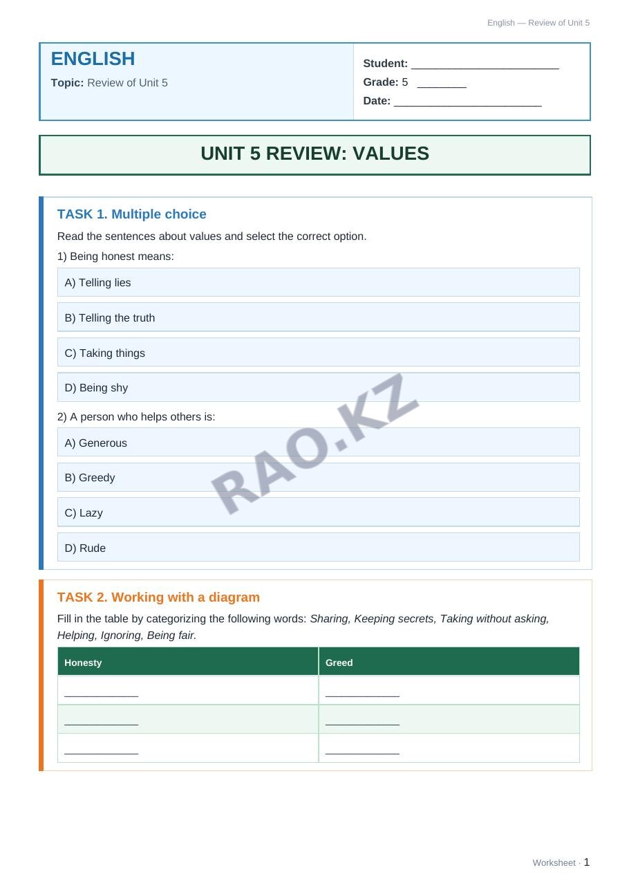 Worksheet English Grade 5 Term 2: Review of Unit 5