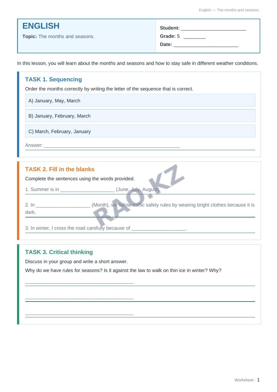 Worksheet English Grade 5 Term 2: The months and seasons.