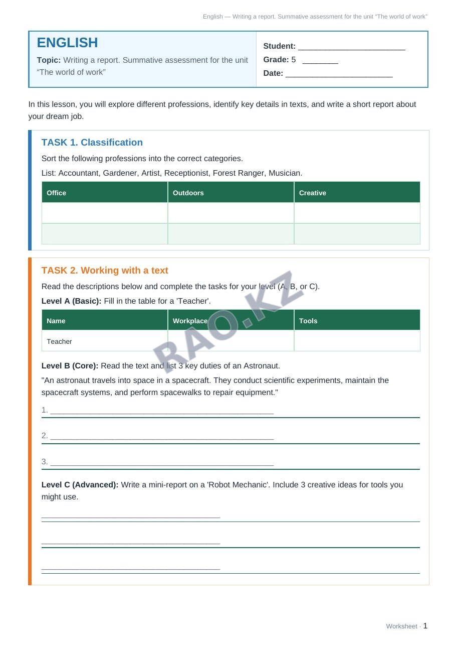 Worksheet English Grade 5 Term 2: Writing a report. Summative assessment for the unit “The world of work”