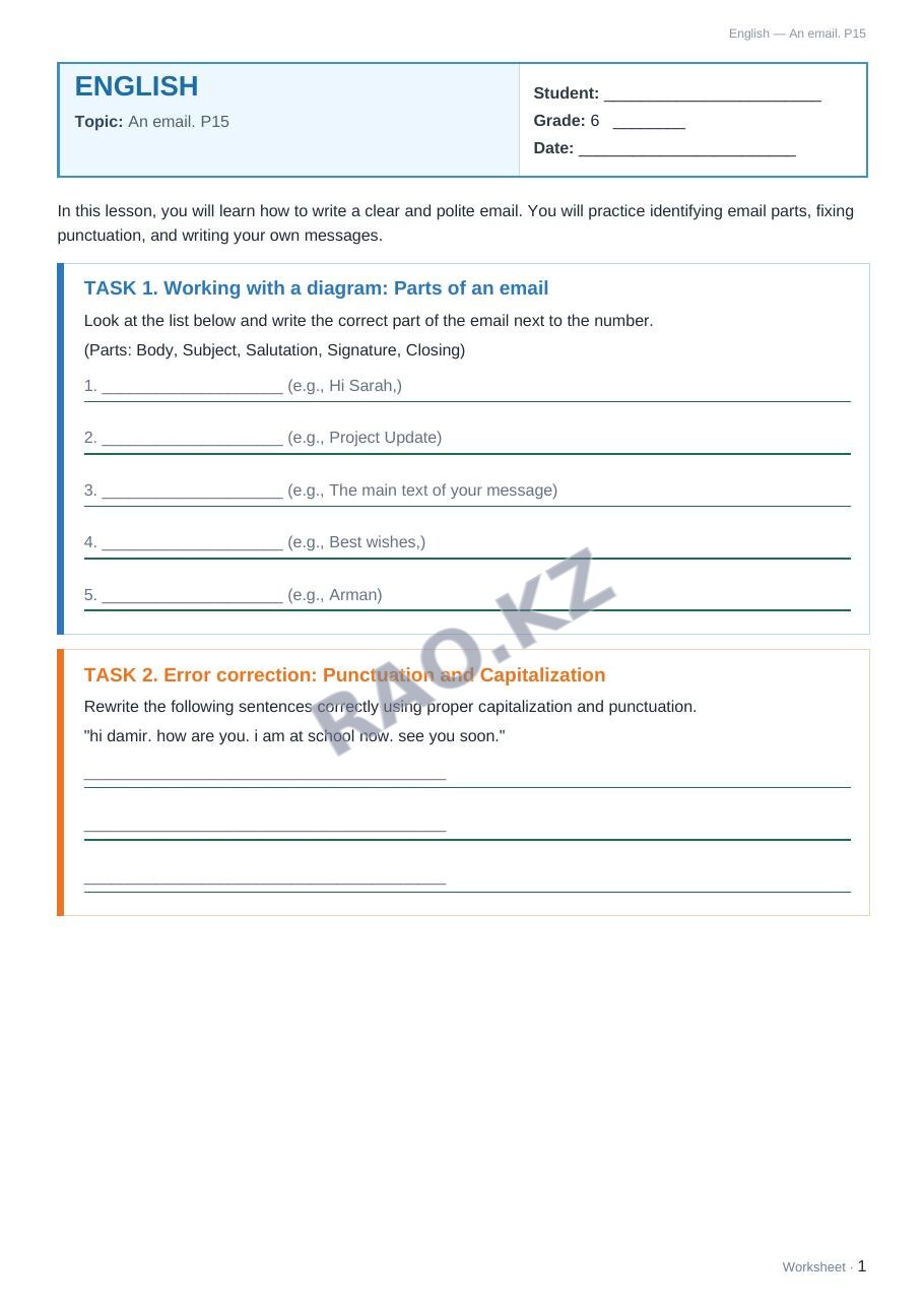 Worksheet English Grade 6 Term 1: An email. P15