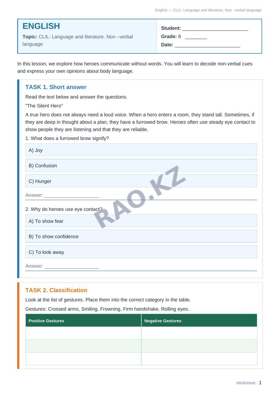 Worksheet English Grade 6 Term 1: CLIL: Language and literature. Non –verbal language