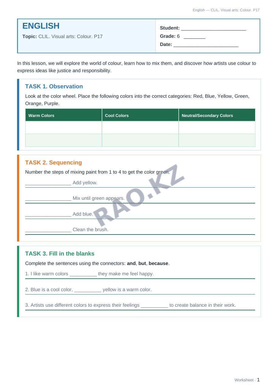 Worksheet English Grade 6 Term 1: CLIL. Visual arts: Colour. P17