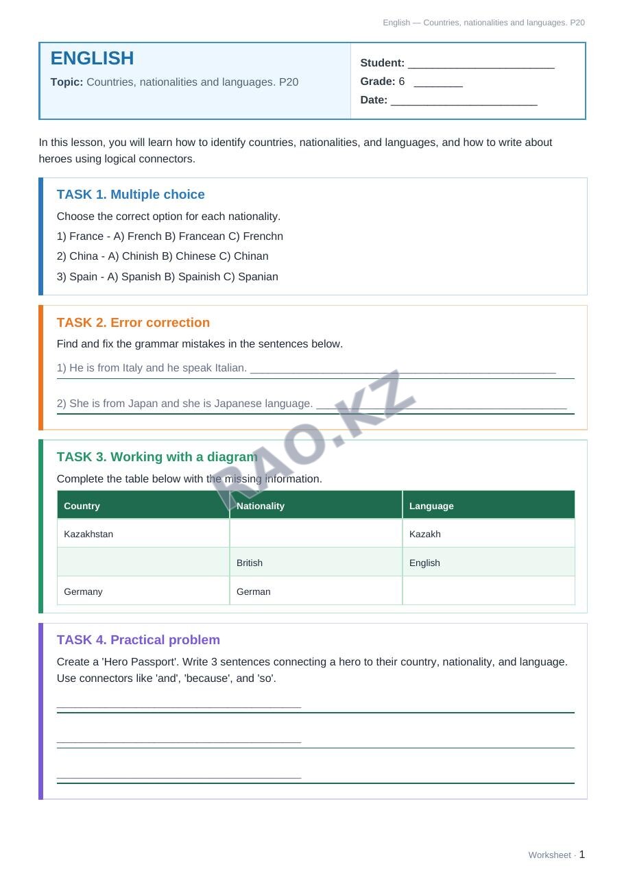 Worksheet English Grade 6 Term 1: Countries, nationalities and languages. P20