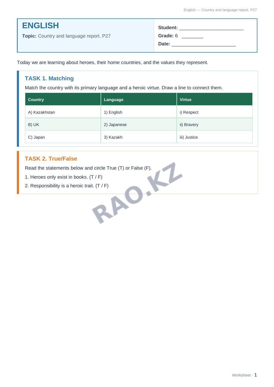 Worksheet English Grade 6 Term 1: Country and language report. P27