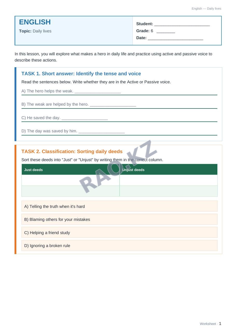 Worksheet English Grade 6 Term 1: Daily lives