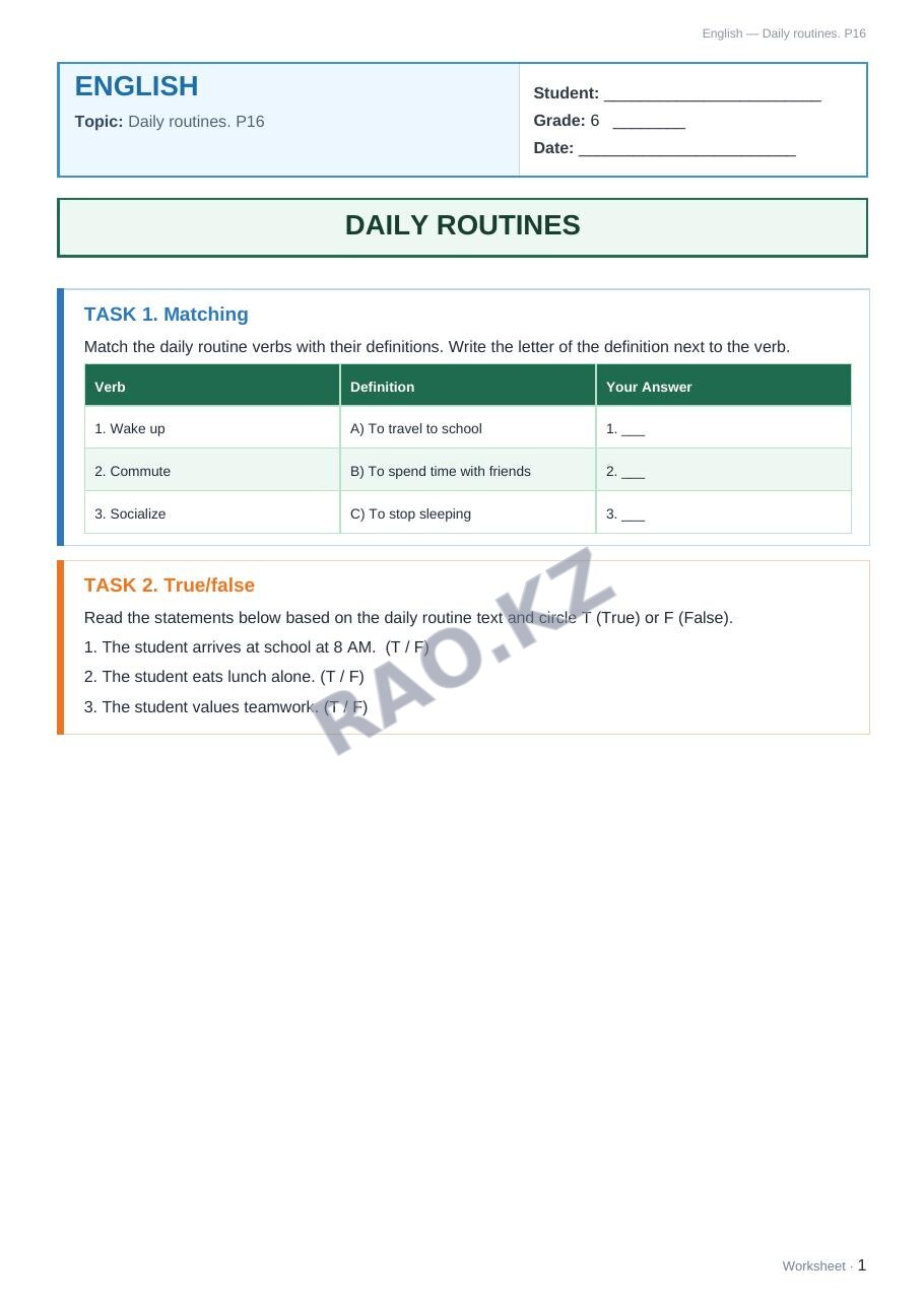 Worksheet English Grade 6 Term 1: Daily routines. P16