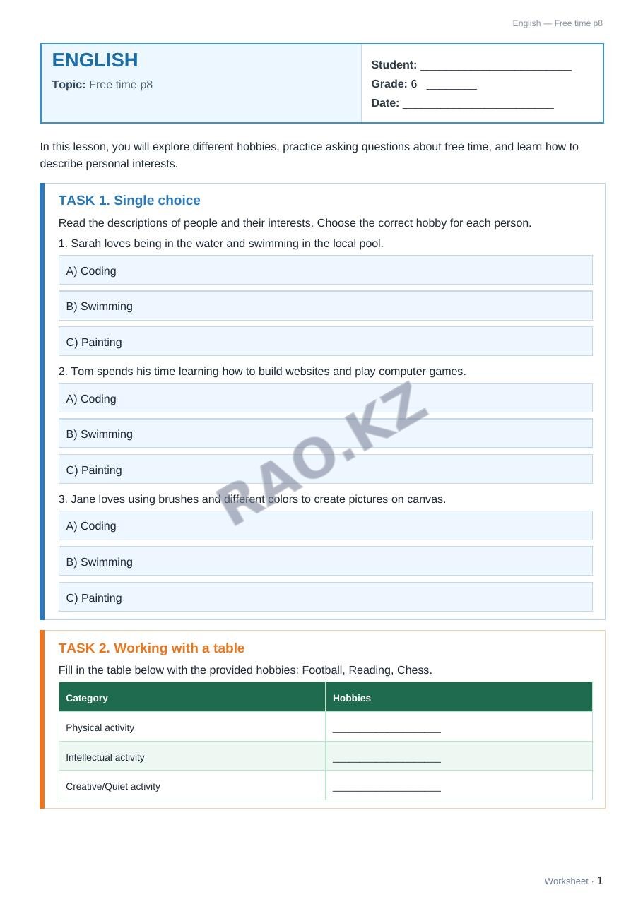 Worksheet English Grade 6 Term 1: Free time p8