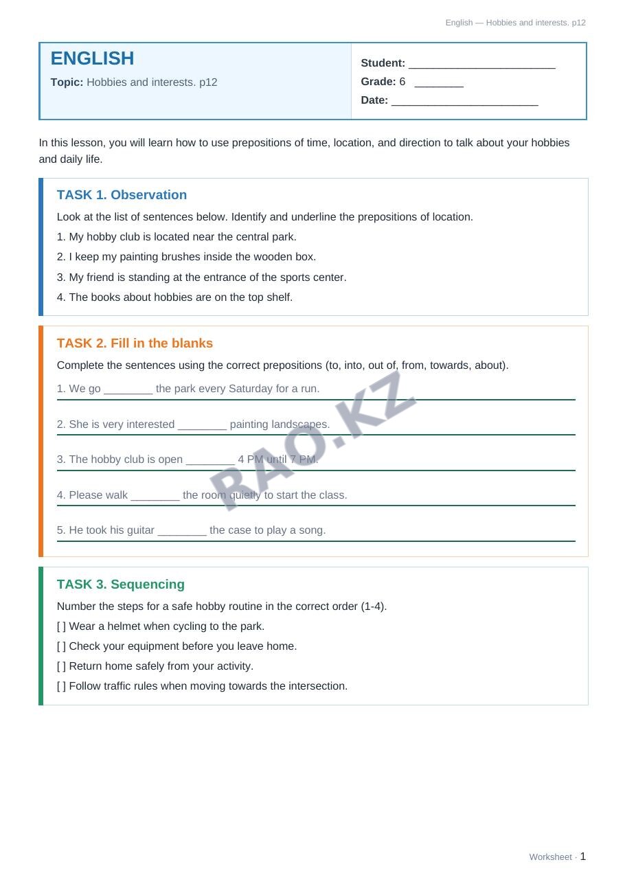 Worksheet English Grade 6 Term 1: Hobbies and interests. p12