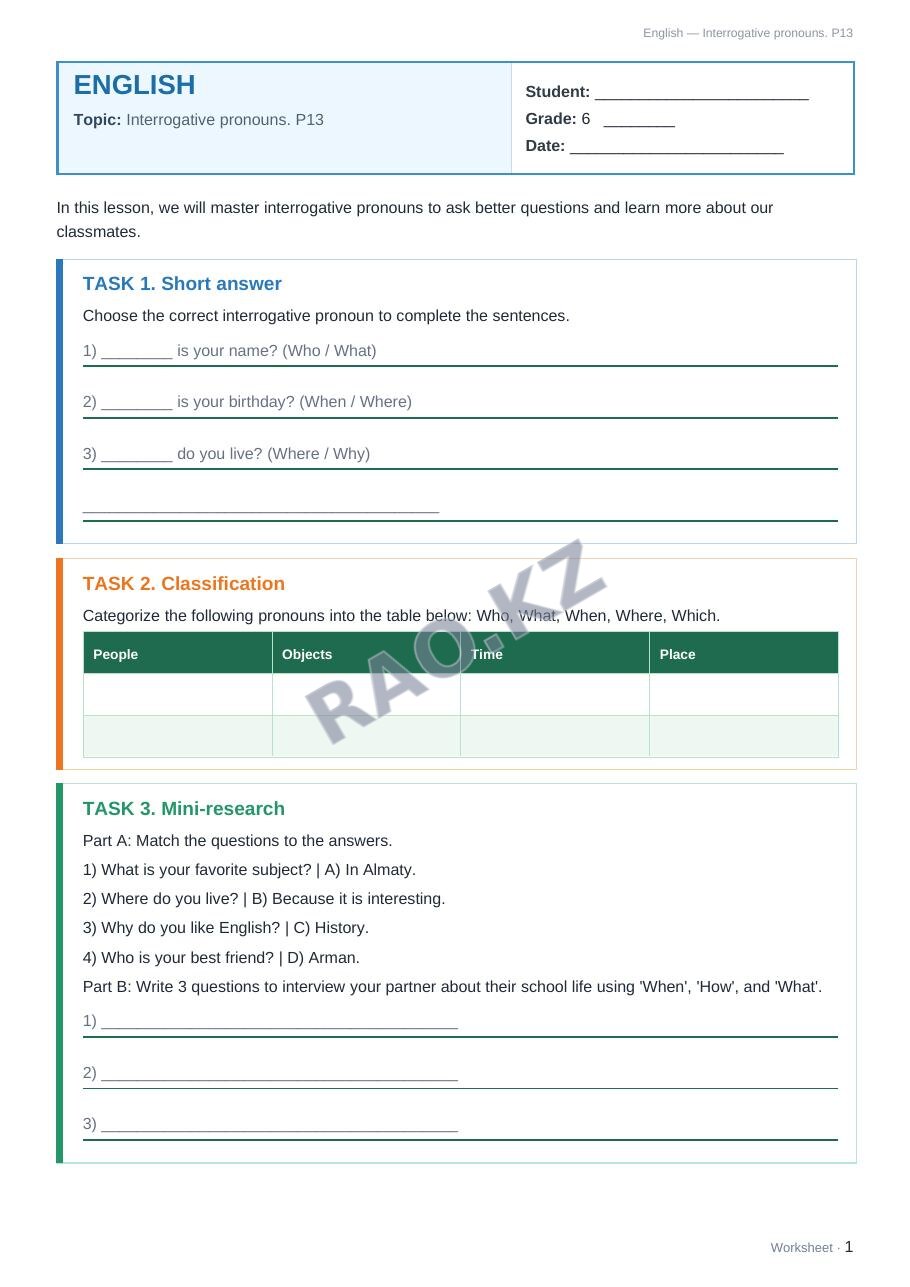 Worksheet English Grade 6 Term 1: Interrogative pronouns. P13